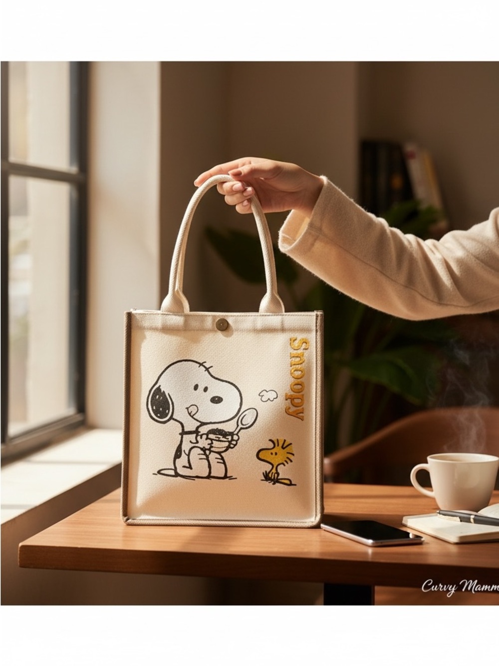 Hand crafted Snoopy Canvas Tote Bag in Cream with Yellow Accent-excellent qualit